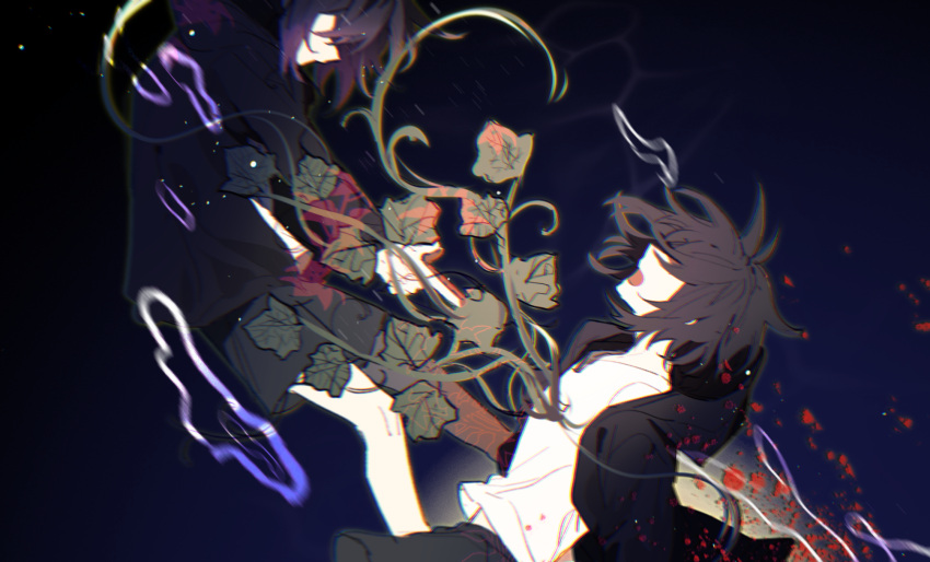 2boys black_jacket black_shorts blood blood_splatter brown_hair chinese_commentary chromatic_aberration commentary_request dual_persona finallyending gradient_hair highres isoi_haruki jacket long_sleeves male_focus medium_hair multicolored_hair multiple_boys open_clothes open_jacket origin_alpha pink_hair plant saibou_shinkyoku shirt shorts spoilers white_shirt