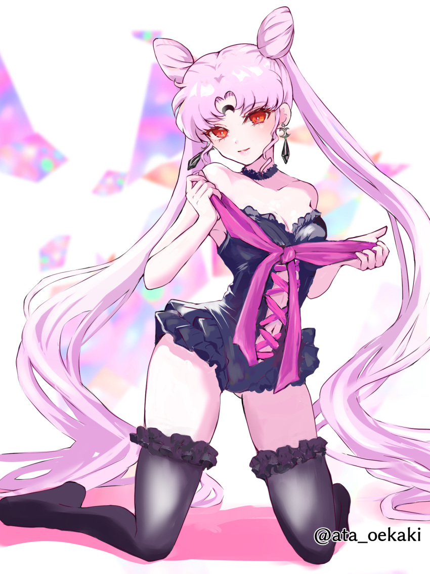 aged_up alternate_costume artist_name ata129 bishoujo_senshi_sailor_moon bishoujo_senshi_sailor_moon_r black_choker black_lady_(sailor_moon) black_leotard black_thighhighs blush bow chibi_usa choker closed_mouth collarbone cone_hair_bun crescent crescent_facial_mark double_bun earrings facial_mark female forehead_mark frilled_thighhighs frills full_body hair_bun head_tilt highres jewelry kneeling leotard long_hair looking_at_viewer navel pink_bow pink_hair red_eyes shadow smile solo thighhighs twintails twitter_username