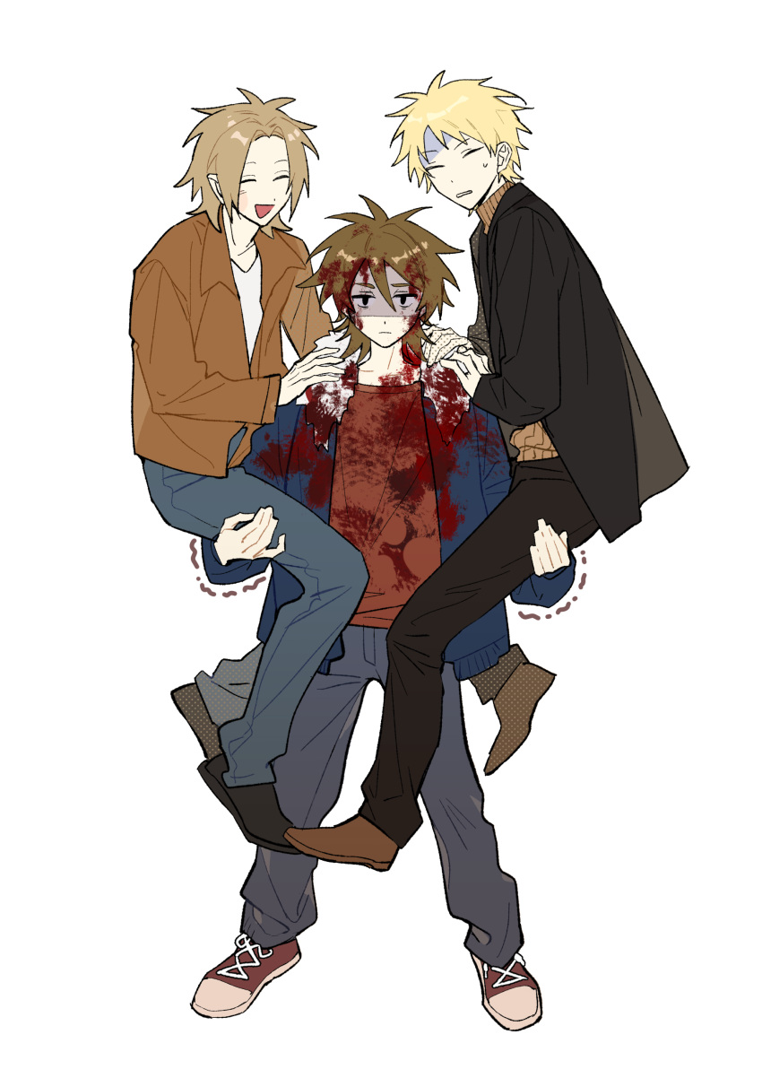 3boys absurdres atou_haruki black_eyes black_footwear black_jacket black_pants blonde_hair blood blood_in_hair blood_on_clothes blood_on_face blue_jacket blue_pants brown_footwear brown_hair brown_jacket brown_sweater chinese_commentary closed_eyes closed_mouth commentary_request curtained_hair full_body fur-trimmed_jacket fur_trim hair_between_eyes hand_on_another's_shoulder hands_on_another's_shoulder highres isoi_reiji jacket konekoy long_sleeves male_focus multiple_boys open_clothes open_jacket open_mouth pants parted_bangs photo-referenced red_footwear red_shirt ribbed_sweater saibou_shinkyoku shinano_eiji shirt short_hair simple_background sitting_on_shoulder smile sneak standing sweat sweater turtleneck turtleneck_sweater variant_set white_background white_shirt