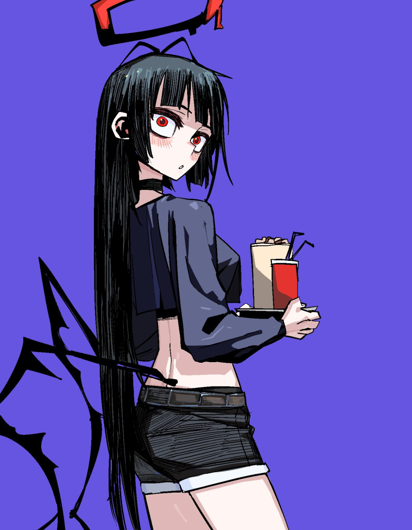 antenna_hair black_choker black_hair black_shorts black_wings blood blood_halo blue_archive blue_shirt choker cup disposable_cup female go_d_e halo highres liquid_halo long_hair long_sleeves purple_background red_eyes shirt short_shorts shorts simple_background solo tsurugi_(blue_archive) very_long_hair wings