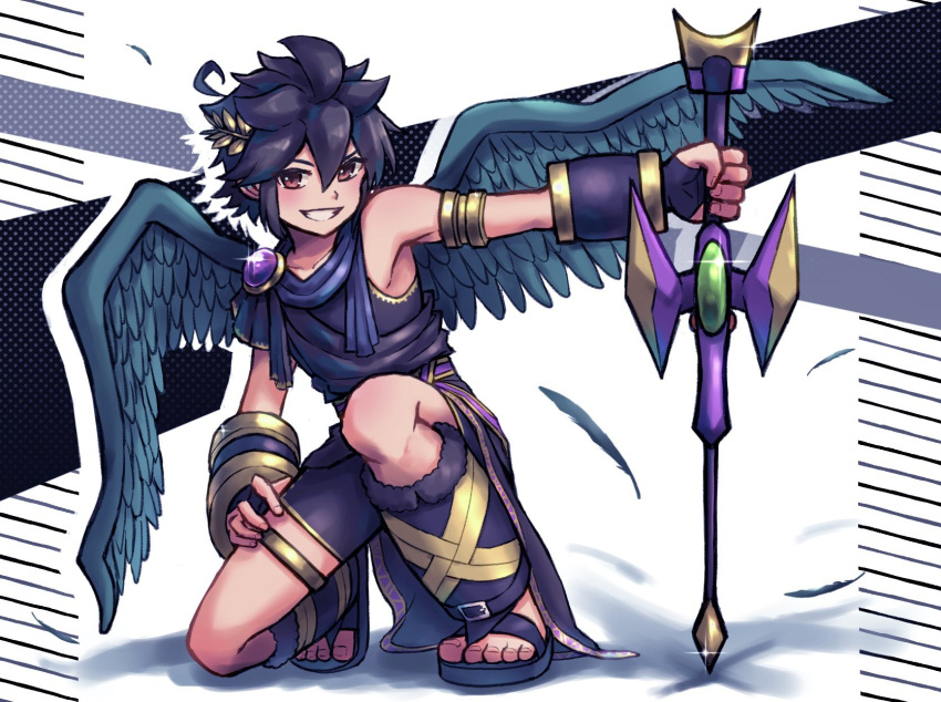 1boy ahoge androgynous armlet black_feathers blue_wings bracer dark_pit feathered_wings feathers fingerless_gloves fur-trimmed_footwear fur_trim gloves gold_armlet gold_thighlet gold_trim grin hand_on_own_thigh highres holding holding_weapon jewelry kid_icarus kid_icarus_uprising laurel_crown male_focus short_hair sidelocks single_bare_shoulder smile solo spiked_hair squatting thighlet toes undershirt waffuum weapon weapon_request wings