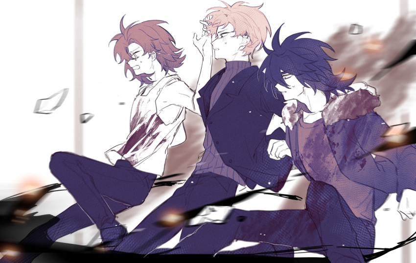 3boys atou_haruki black_hair black_jacket black_pants blonde_hair blood blood_on_clothes brown_hair brown_shirt chinese_commentary colored_skin commentary_request finallyending fur-trimmed_jacket fur_trim highres isoi_reiji jacket limited_palette long_sleeves male_focus medium_hair motion_blur multiple_boys open_clothes open_jacket open_mouth pants ribbed_sweater saibou_shinkyoku shards shinano_eiji shirt short_hair sweat sweater tank_top turtleneck turtleneck_sweater white_skin white_tank_top