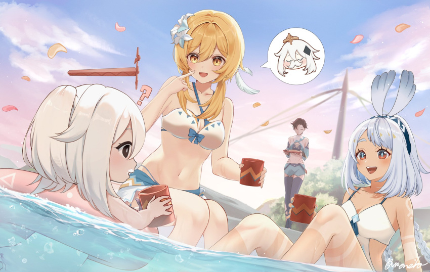 4girls :d ? amaneko_(amaneko_y) atea_(genshin_impact) bare_shoulders bikini black_eyes blonde_hair blue_shorts blue_thighhighs body_markings braid breasts brown_hair cleavage closed_eyes collarbone commentary_request criss-cross_halter crop_top cup flower genshin_impact hair_between_eyes hair_flower hair_ornament halo halterneck highres holding holding_cup holding_tray long_hair lumine_(genshin_impact) lumine_(hot_springs)_(genshin_impact) medium_breasts mualani_(genshin_impact) multiple_girls navel official_alternate_costume one-piece_swimsuit onsen outdoors paimon_(genshin_impact) paimon_(hot_springs)_(genshin_impact) pink_innertube pointing pointing_at_self red_eyes short_hair_with_long_locks shorts signature sitting smile spoken_character stomach swimsuit symbol-shaped_pupils teeth thighhighs tray upper_teeth_only very_long_hair walking white_bikini white_flower white_hair white_one-piece_swimsuit yellow_eyes