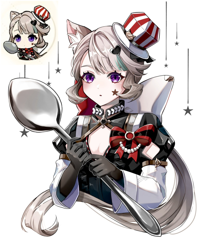 animal_ear_fluff animal_ears black_gloves bow cat_ears cat_girl center_opening chibi facial_tattoo female genshin_impact genshin_impact_sticker_redraw_(meme) gloves hair_ornament hairbow hat heart heart_hair_ornament highres holding holding_spoon huge_bow kuromuru light_brown_hair long_hair long_sleeves looking_at_viewer lynette_(genshin_impact) lynette_(kfc)_(genshin_impact) meme mini_hat mini_top_hat multiple_views official_alternate_costume oversized_spoon parted_lips purple_eyes red_bow simple_background spoon star_tattoo tattoo top_hat upper_body white_background white_bow