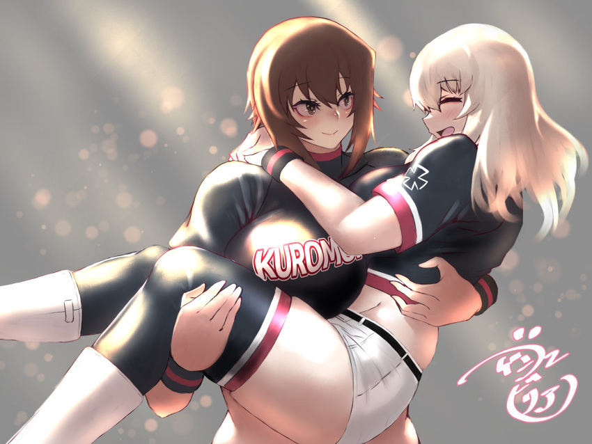 2girls adapted_costume american_football_uniform arm_scrunchie black_shirt black_thighhighs black_wristband blush boots bougainvillea_(unnryuu) brown_eyes brown_hair carrying clothes_writing collared_shirt commentary_request emblem girls_und_panzer grey_hair highres itsumi_erika jersey kuromorimine_(emblem) long_sleeves medium_hair midriff multiple_girls muscular muscular_female nishizumi_maho open_mouth princess_carry shirt short_hair short_sleeves shorts smile sportswear textless_version thighhighs two-tone_wristband white_footwear white_shorts wristband