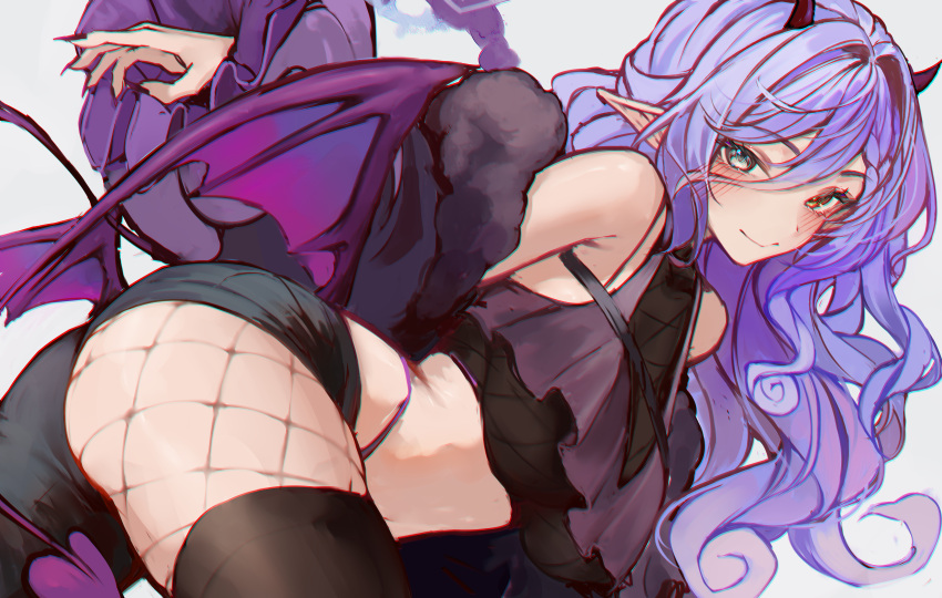 absurdres acalyss_(chontz) ass asymmetrical_clothes bare_shoulders bent_over black_jacket black_nails black_pants black_shirt black_shorts black_thighhighs blue_hair blush breasts closed_mouth commission crop_top curly_hair demon_girl demon_horns demon_tail demon_wings female fishnet_pantyhose fishnet_top fishnets fur_trim grey_eyes hair_between_eyes heterochromia highleg highleg_panties highres horns jacket large_breasts long_hair long_sleeves looking_at_viewer low_wings micro_shorts midriff nail_polish naokomama navel off_shoulder open_clothes open_jacket original panties pants panty_straps pantyhose pointy_ears puffy_long_sleeves puffy_sleeves purple_hair purple_panties shirt shorts sidelocks simple_background single_pantsleg single_thighhigh sleeveless sleeveless_shirt smile solo stomach tail thighhighs underwear very_long_hair white_background wings yellow_eyes