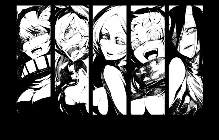 5girls abyssal_ship airfield_princess breasts character_request cleavage crazy_smile greyscale horns kantai_collection large_breasts long_hair looking_at_viewer monochrome multiple_girls neichiru open_mouth ringed_eyes smile teeth upper_body