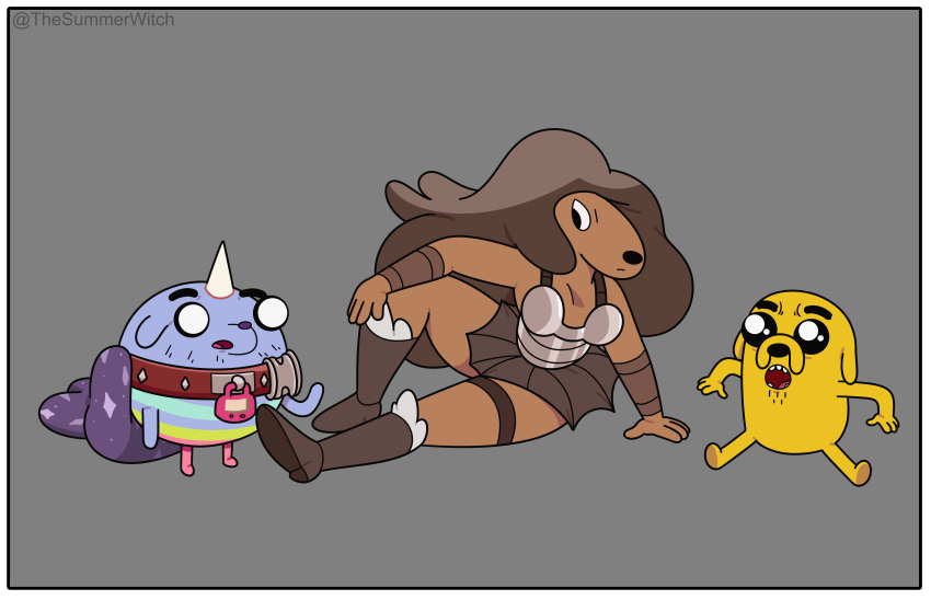 absurd_res adventure_time anthro armband armor boots border bottomwear brown_body brown_hair canid canine canis cape cartoon_network clothing collar domestic_dog featureless_feet featureless_hands feet female footwear grey_background group hair hi_res horn hybrid jermaine_the_dog male mammal multicolored_body nephew_(lore) rainicorn samantha_(adventure_time) shoes simple_background sitting sitting_on_ground skirt stubble t.v._(adventure_time) thesummerwitch trio uncle_(lore) uncle_and_nephew_(lore) yellow_body