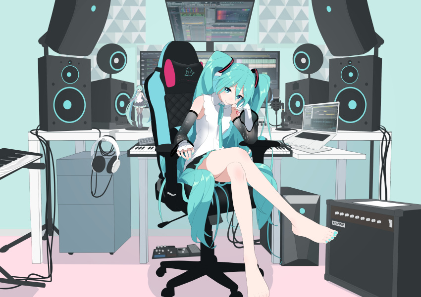 absurdres amplifier aqua_eyes aqua_hair barefoot black_skirt breasts chair closed_mouth collared_shirt computer computer_keyboard crossed_legs detached_sleeves effects_pedal elbow_rest female figure gaming_chair hatsune_miku hatsune_miku_(nt) headphones highres instrument keyboard_(instrument) kinosuke_(pattaba) laptop long_hair looking_at_viewer miku_day miniskirt monitor neck_ribbon piapro ribbon shirt sitting skirt sleeveless sleeveless_shirt small_breasts smile solo speaker swivel_chair toes twintails very_long_hair vocaloid white_shirt