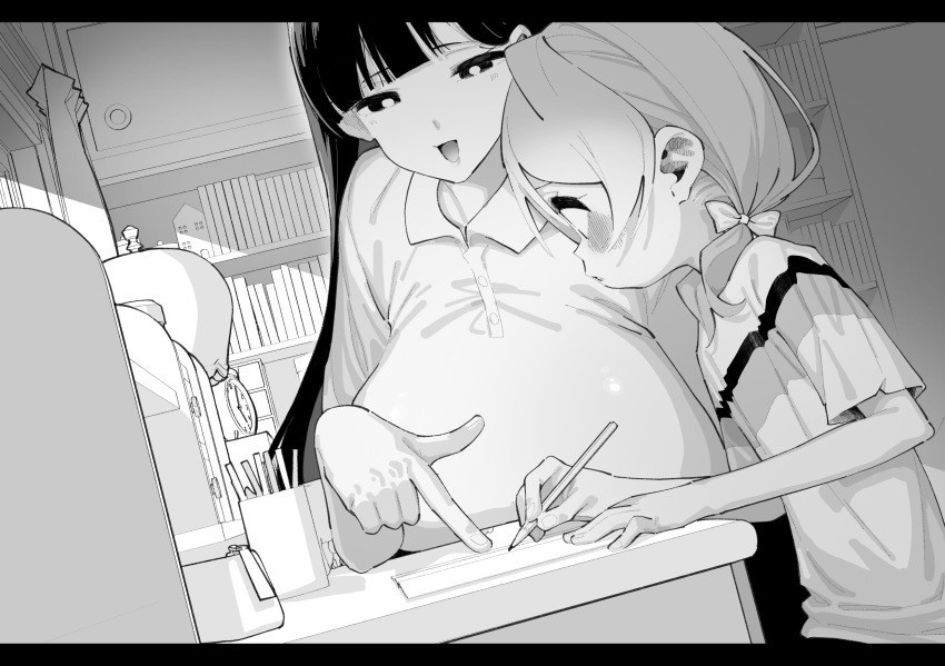 2girls age_difference analog_clock bedroom black_hair bookshelf bow breasts clock flat_chest greyscale hairbow highres homework huge_breasts indoors lolicon low_twintails monochrome multiple_girls original pencil shiratama_mochi shirt t-shirt tutor twintails writing