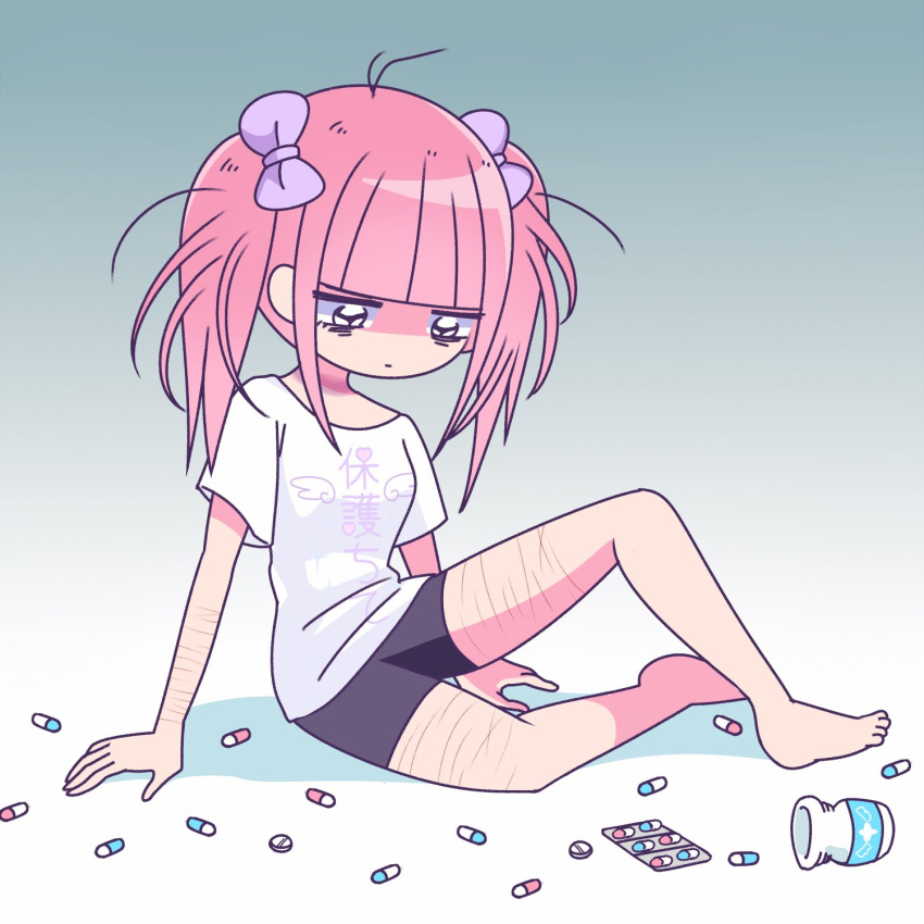 bags_under_eyes barefoot black_eyes black_shorts blunt_bangs bow closed_mouth clothes_writing ezaki_bisuko female gradient_background grey_background hairbow hands_on_floor heart highres jitome medicine medicine_bottle menhera-chan_(ezaki_bisuko) menhera-chan_(ezaki_bisuko)_(character) messy_hair pill pink_hair purple_bow self-harm_scar shaded_face shadow shirt short_sleeves short_twintails shorts sidelocks sitting solo twintails white_background white_shirt