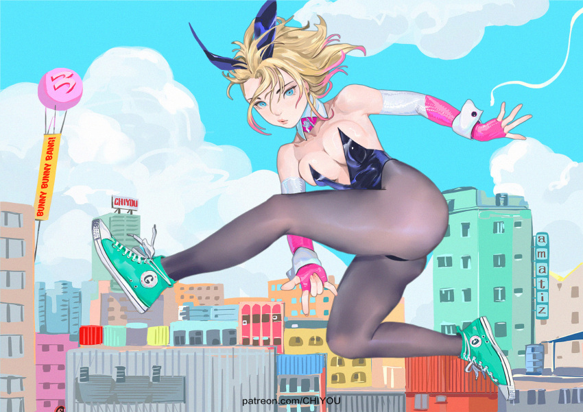 amatiz animification asymmetrical_hair blonde_hair blue_eyes breasts city female gwen_stacy highres large_breasts looking_at_viewer marvel medium_breasts pantyhose rabbit_girl short_hair silk solo spider-gwen spider-man:_into_the_spider-verse spider-man_(series) spider-verse spider_web