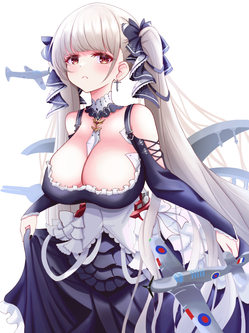 aircraft_request azur_lane bare_shoulders between_breasts black_dress black_nails breasts cleavage clothing_cutout commentary_request cross cross_earrings dress earrings female flight_deck formidable_(azur_lane) frilled_dress frills grey_hair highres jewelry kokonoe910 large_breasts long_hair looking_at_viewer necktie necktie_between_breasts partial_commentary red_eyes ribbon shoulder_cutout simple_background skirt_hold solo twintails two-tone_dress two-tone_ribbon very_long_hair