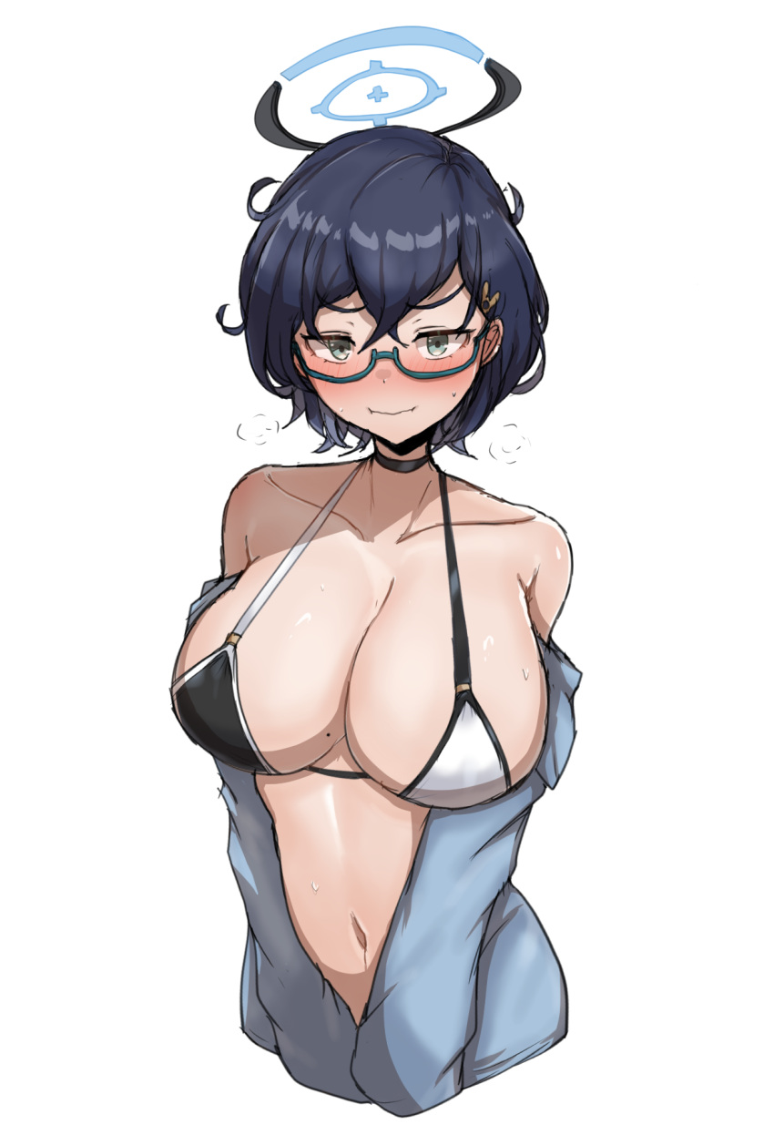 bikini black_bikini black_choker black_hair black_halo blue_archive blue_halo breasts chihiro_(blue_archive) choker collarbone commentary_request female glasses green-framed_eyewear halo highres korean_commentary large_breasts looking_at_viewer mole mole_on_breast multicolored_halo navel semi-rimless_eyewear short_hair simple_background skyhood solo swimsuit two-tone_bikini two-tone_halo under-rim_eyewear white_background white_bikini