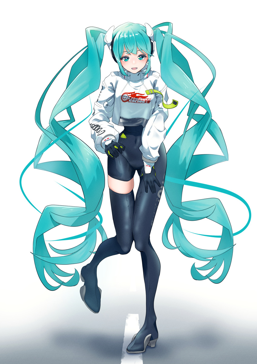 absurdres aqua_eyes aqua_hair black_bodysuit black_footwear black_gloves bodysuit boots breasts commentary covered_navel female full_body gloves goodsmile_racing groin hair_ornament hatsune_miku headphones highres jacket kinosuke_(pattaba) long_sleeves open_mouth racing_miku racing_miku_(2022) single_leg_bodysuit single_thigh_boot small_breasts smile solo standing thigh_boots twintails vocaloid white_background white_jacket