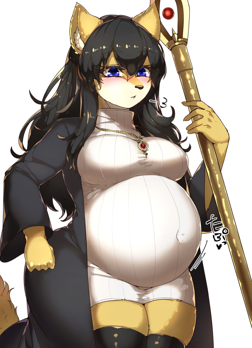 animal_ears animal_nose big_belly black_hair black_jacket blue_eyes blush body_fur breasts covered_navel dress female fox_ears fox_girl fox_tail hair_between_eyes heart highres holding holding_staff inflation jacket long_hair looking_down medium_breasts original paid_reward_available ribbed_dress skindentation solo staff sweater sweater_dress tach8 tail white_dress wide_hips yellow_fur