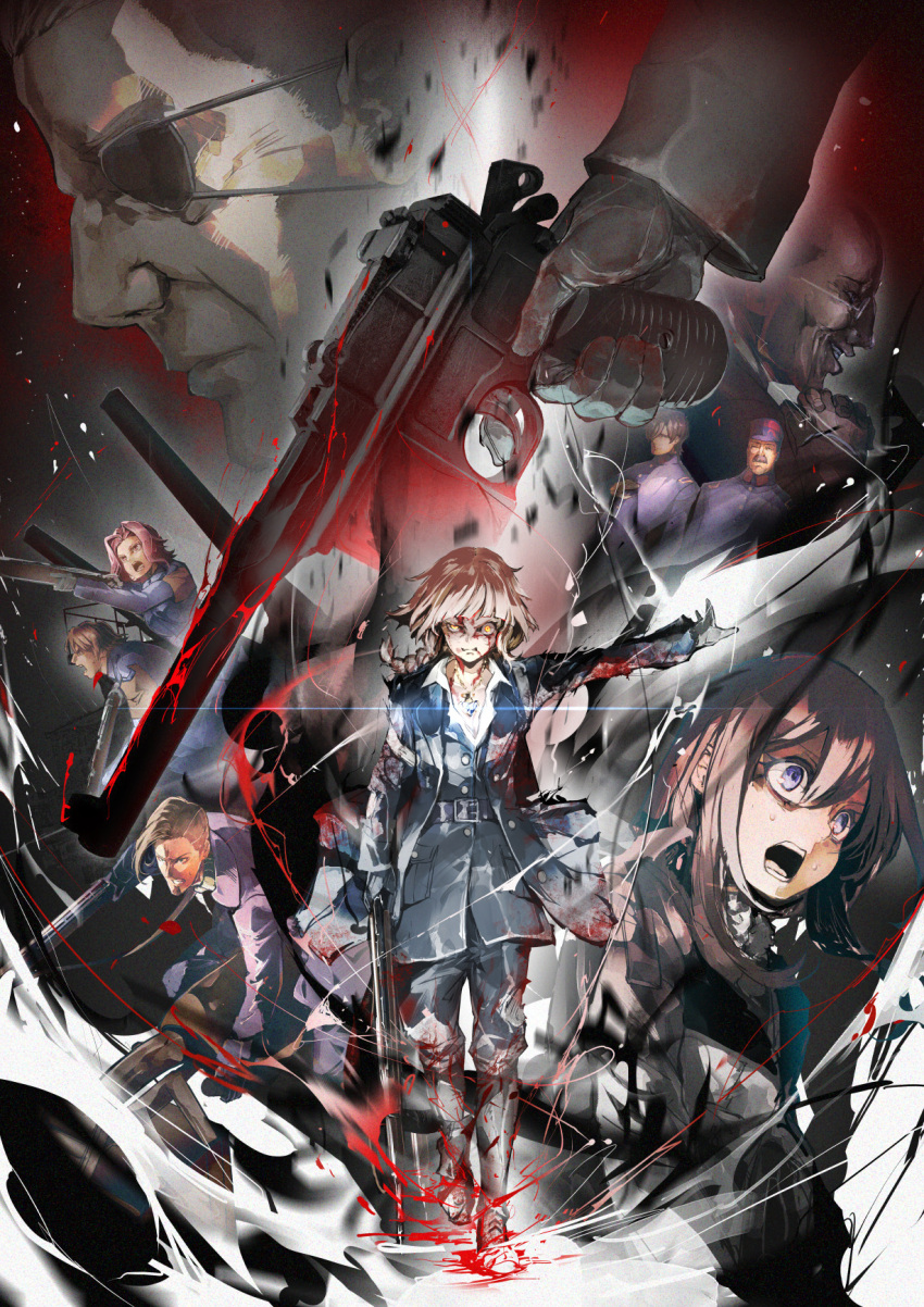 3girls 6+boys anson_sue blonde_hair blood blood_splatter blood_stain brown_hair character_request eyepatch gloves grin gun hair_between_eyes hat highres holding holding_weapon jewelry long_hair long_sleeves looking_at_viewer loria_(youjo_senki) mary_sue_(youjo_senki) military military_uniform multiple_boys multiple_girls necklace neichiru open_mouth ponytail rifle short_hair smile tanya_degurechaff viktoriya_ivanovna_serebryakov vivi_(youjo_senki) weapon yellow_eyes youjo_senki