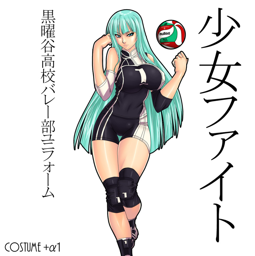 alternate_costume aqua_eyes aqua_hair arm_warmers ball bare_shoulders bike_shorts blunt_bangs breasts commentary_request cosplay covered_navel covered_nipples elbow_pads elbow_sleeve english_text female hime_cut judge_martin knee_pads large_breasts long_hair looking_at_viewer molten_(company) morrigan_aensland photoshop_(medium) shin_guards shirt shoes shoujo_fight simple_background sleeveless sleeveless_shirt smile sneakers solo sportswear standing tape thick_thighs thigh_gap thighs translated turtleneck vampire_(game) very_long_hair volleyball volleyball_(object) volleyball_uniform white_background