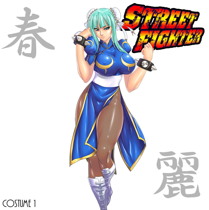 aqua_eyes aqua_hair boots bracelet breasts brown_pantyhose capcom character_name chinese_clothes chun-li chun-li_(cosplay) commentary_request company_connection copyright_name cosplay covered_nipples double_bun female hair_bun jewelry judge_martin large_breasts legs long_hair morrigan_aensland pantyhose parody pelvic_curtain photoshop_(medium) sash solo spiked_bracelet spikes street_fighter thighs vampire_(game)