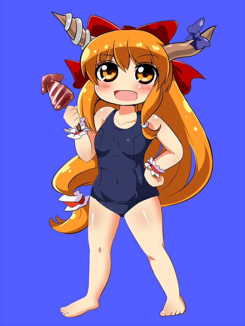 bad_id bad_twitter_id barefoot commentary_request female food hair_ribbon highres horns ibuki_suika ikayaki long_hair marisa_to_alice_no_cookie_storia motsu_(selshia12) one-piece_swimsuit open_mouth orange_eyes orange_hair ribbon school_swimsuit solo squid swimsuit touhou very_long_hair