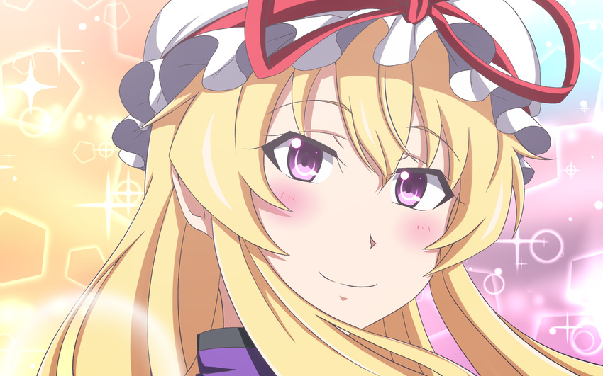 blonde_hair blush closed_mouth commentary_request female hat highres himouto!_umaru-chan kakushin-teki_metamorphose! kyoukyan looking_at_viewer mob_cap parody portrait purple_eyes smile solo touhou yakumo_yukari