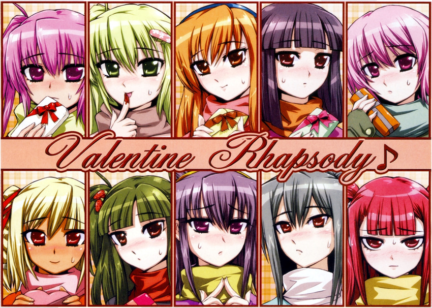 6+girls absurdres ameto artist_request bangs beatmania beatmania_iidx black_hair blonde_hair blunt_bangs blush box brown_eyes bust dj_sakura embarrassed everyone face female fidgeting fingernails food fruit full-face_blush gift green_eyes green_hair grey_hair hair_between_eyes hair_ornament hair_ribbon hairband hairclip heart highres hinazuki_ririna kitami_erika licking long_fingernails long_hair looking_at_viewer mizushiro_celica multiple_girls musical_note nervous nyah orange_eyes orange_hair pink_eyes pink_hair purple_eyes purple_hair red_eyes red_hair resized ribbon scan scarf short_hair strawberry sweatdrop tongue tsugaru twintails two_side_up umegiri_ameto umegiri_hifumi umegiri_iroha upper_body valentine wallpaper xia xiatian_(beatmania_iidx)