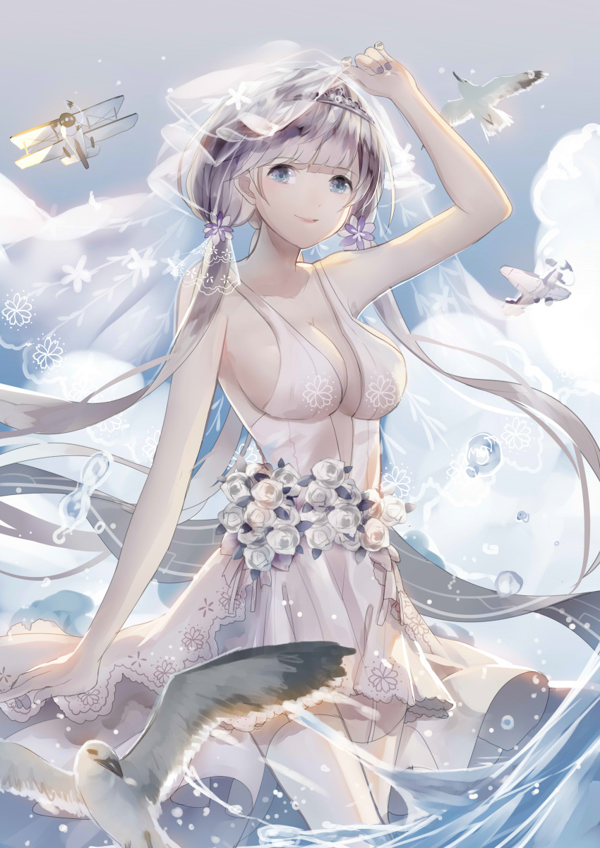 absurdres aircraft airplane arm_behind_back azur_lane bird blue_eyes blue_sky blush breasts bridal_veil bride cleavage cloud collarbone commentary_request cowboy_shot day dress female flight_deck flower garter_straps hair_flower hair_ornament hair_ribbon hand_on_headwear hand_up highres illustrious_(azur_lane) illustrious_(morning_star_of_love_and_hope)_(azur_lane) jewelry large_breasts long_hair looking_at_viewer mole mole_under_eye no_bra ocean official_alternate_costume official_alternate_hairstyle outdoors ribbon seagull sky smile solo sparkle splashing sun tadatsu thighhighs thighs tress_ribbon tri_tails veil water_drop wedding_dress white_dress white_hair white_thighhighs