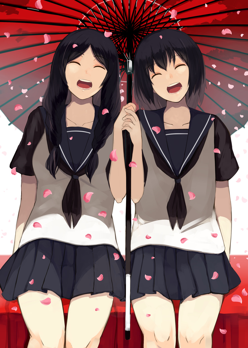 2girls bad_id bad_pixiv_id black_hair cherry_blossoms closed_eyes facing_viewer highres hisari_(ninja_slayer) holding holding_hands holding_umbrella houmatu_awa multiple_girls ninja_slayer oil-paper_umbrella open_mouth school_uniform serafuku shared_umbrella short_hair umbrella yamoto_koki