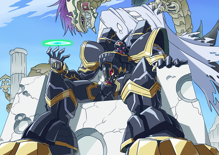 alphamon armor bandai cape digimon dragon energy fangs full_armor halo helmet male_focus monster multiple_boys no_humans ouryumon royal_knights sitting sword throne weapon wings