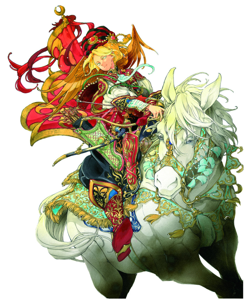 1boy animal animal_on_shoulder arrow_(projectile) bird bird_on_shoulder blonde_hair boots bow_(weapon) commentary_request flag gloves green_eyes highres horse horseback_riding iskandar_(shoukoku_no_altair) katou_kotono mahmut_bey official_art ornament riding short_hair shoukoku_no_altair single_glove sword turban weapon white_background white_horse