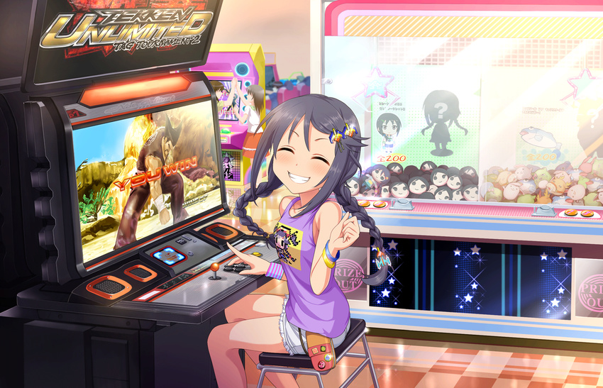 ^_^ aoki_kei arcade arcade_cabinet artist_request black_hair bracelet braid cameo closed_eyes company_connection controller crane_game crossover cutoffs facing_viewer female galaxian grin hair_ornament hairclip idolmaster idolmaster_cinderella_girls idolmaster_cinderella_girls_starlight_stage jewelry joystick long_hair mishima_heihachi miyoshi_sana namco official_art sitting smile solo stuffed_toy tekken tekken_tag_tournament_2 textless_version trainer_(idolmaster) twin_braids