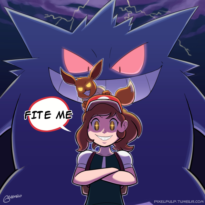 1:1 2018 ambiguous_gender brown_body brown_fur brown_hair clothed clothing cloud dialogue digital_media_(artwork) dipstick_tail eevee elaine_(pokemon) electricity english_text female feral fully_clothed fur generation_1_pokemon gengar ghost glowing glowing_eyes group hair hat headgear headwear hi_res human lightning mammal markings multicolored_tail nintendo partner_eevee pixelpulp pokemon pokemon:_let's_go pokemon_(species) red_eyes signature size_difference smile spirit tail tail_markings text url yellow_eyes