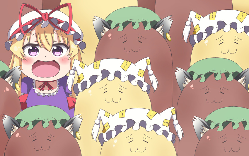 :3 :d ^_^ animal_hat blonde_hair blush brown_hair chen chibi closed_eyes commentary_request dress female hat highres himouto!_umaru-chan kakushin-teki_metamorphose! kyoukyan mob_cap multiple_persona odd_one_out open_mouth parody purple_dress purple_eyes smile tassel touhou yakumo_ran yakumo_yukari