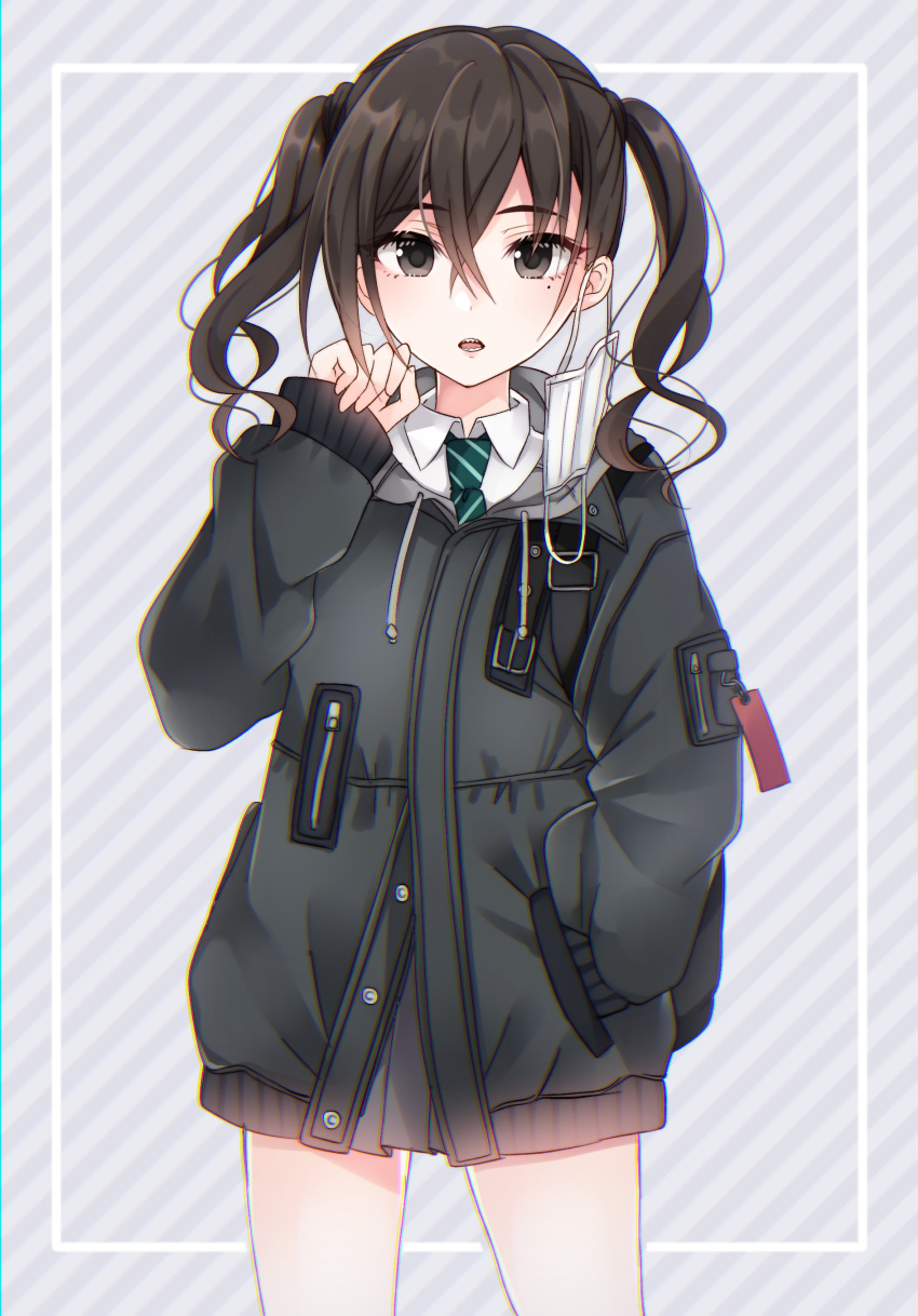 absurdres backpack bag black_eyes black_hair black_jacket black_skirt buttons collared_shirt commentary_request cowboy_shot drawstring female green_necktie grey_background hair_between_eyes hand_in_pocket hand_up highres hood hooded_jacket idolmaster idolmaster_cinderella_girls jacket legs_apart long_hair long_sleeves looking_at_viewer mask mask_around_one_ear miniskirt mole mole_under_eye mouth_mask necktie parted_lips pleated_skirt sasakichi_(ssk_chi) school_uniform sharp_teeth shirt sidelocks skirt sleeves_past_wrists solo standing striped striped_background striped_necktie sunazuka_akira surgical_mask teeth thighs twintails wavy_hair white_shirt