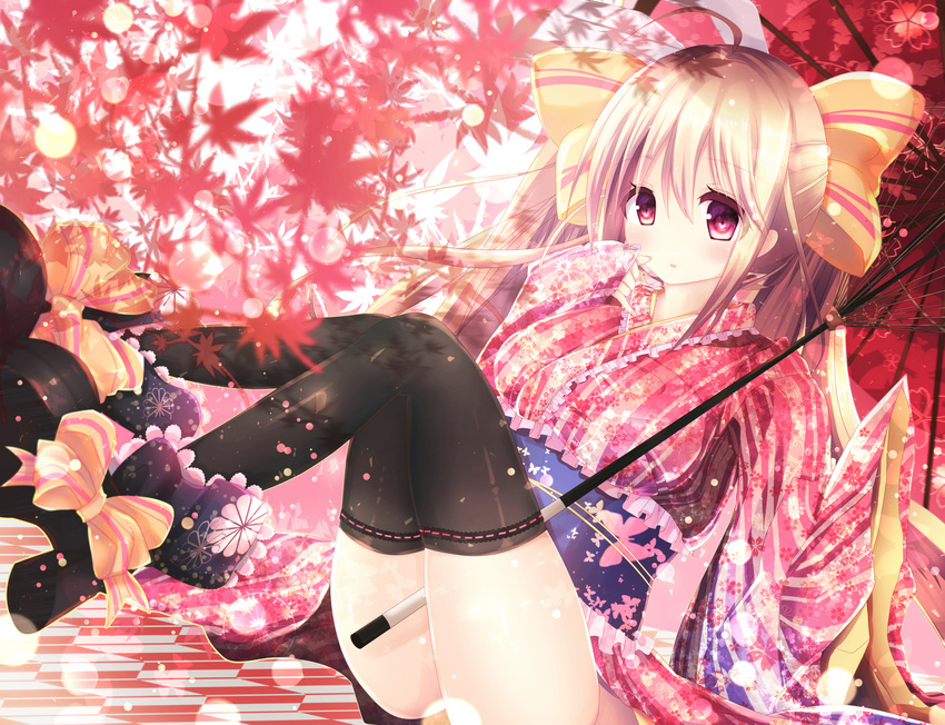 absurdres ahoge bad_id bad_pixiv_id black_thighhighs blush bow female flower hairbow heart heart-shaped_pupils high_heels highres japanese_clothes kabako_(lilypicture410v) original parasol pink_eyes sitting solo symbol-shaped_pupils thighhighs umbrella