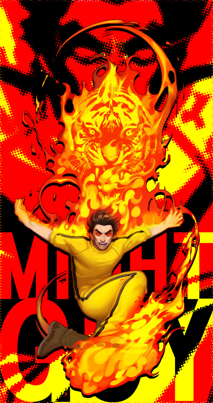 1boy absurdres bad_id bad_pixiv_id black_hair bodysuit bruce_lee's_jumpsuit fire highres male_focus might_guy naruto naruto_(series) noeunjung93 red_eyes tiger yellow_bodysuit