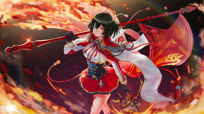 absurdres banner black_gloves black_hair blue_eyes commentary_request corset female frilled_skirt frills gloves hair_between_eyes heterochromia highres holding holding_sword holding_weapon long_sleeves looking_at_viewer mhg_(hellma) miniskirt pleated_skirt red_eyes red_skirt shironeko_project shirt short_hair skirt solo standing sword weapon white_shirt