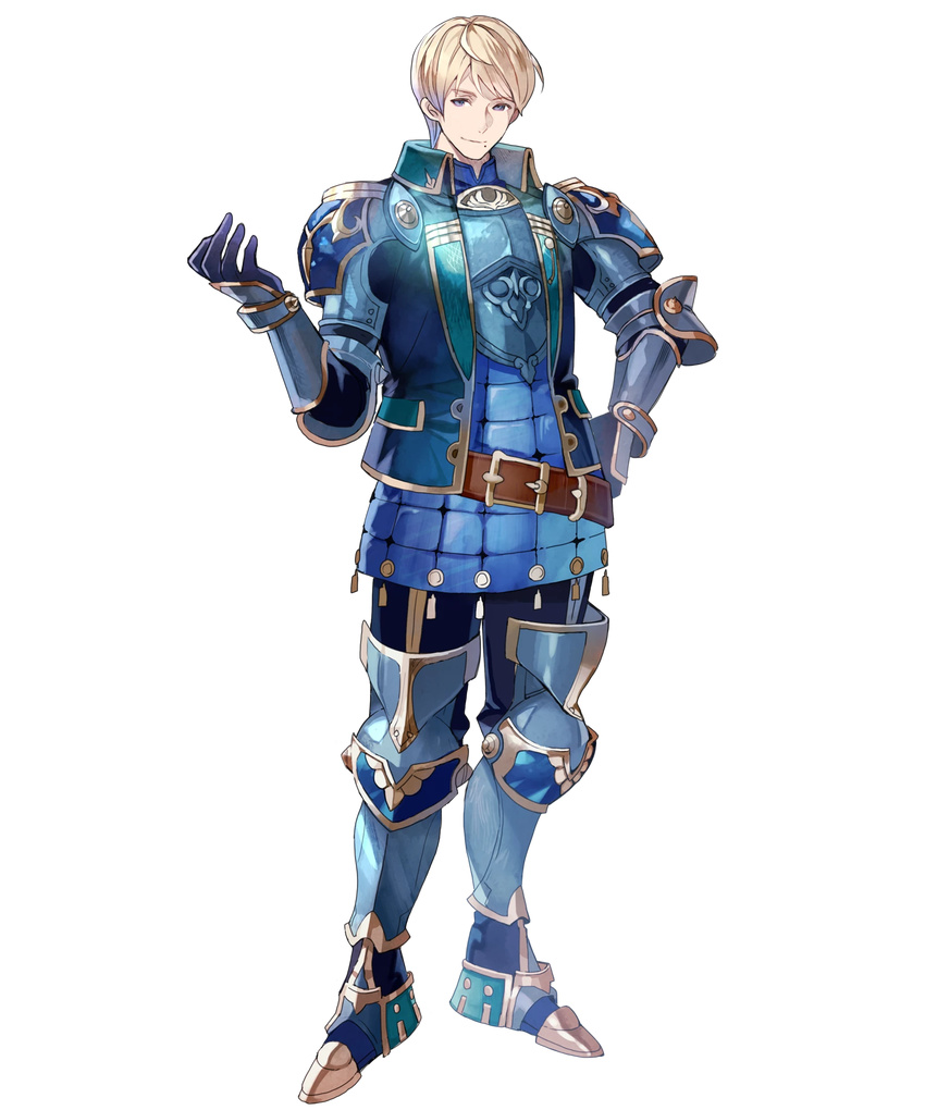 1boy armor belt blonde_hair clive_(fire_emblem) commentary_request fire_emblem fire_emblem_echoes:_shadows_of_valentia fire_emblem_heroes full_body gauntlets hand_on_own_hip highres looking_at_viewer male_focus mole mole_under_mouth official_art open_mouth purple_eyes smile solo standing tobi_(kotetsu) transparent_background