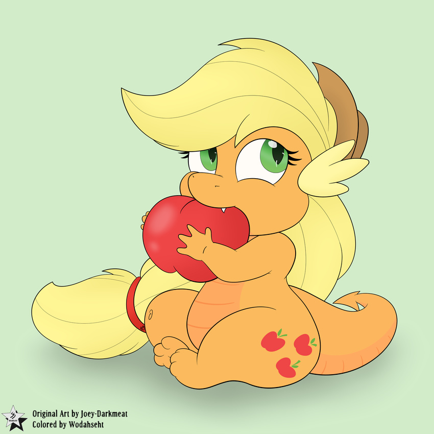 1:1 2015 absurd_res alpha_channel alternate_species apple applejack_(mlp) blonde_hair clothing cowboy_hat cutie_mark dragon fangs female food friendship_is_magic fruit green_eyes hair hasbro hat headgear headwear hi_res joey-darkmeat long_hair my_little_pony mythological_creature mythological_scalie mythology nom plant pupils scalie sitting slit_pupils solo tail teeth wodahseht