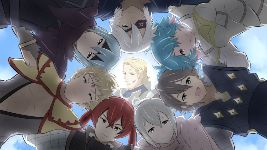 4boys 4girls arthur_(fire_emblem_fates) beruka_(fire_emblem) blonde_hair blue_eyes blue_hair circle_formation circlet commentary_request day effie_(fire_emblem) eyepatch fire_emblem fire_emblem_fates gambeson grey_hair hair_bun hair_over_one_eye headband highres laslow_(fire_emblem) long_hair multicolored_hair multiple_boys multiple_girls niles_(fire_emblem) odin_(fire_emblem) open_mouth peri_(fire_emblem) pink_hair red_eyes red_hair scarf selena_(fire_emblem_fates) single_hair_bun sky toshi_(toshi10416) twintails two-tone_hair white_hair