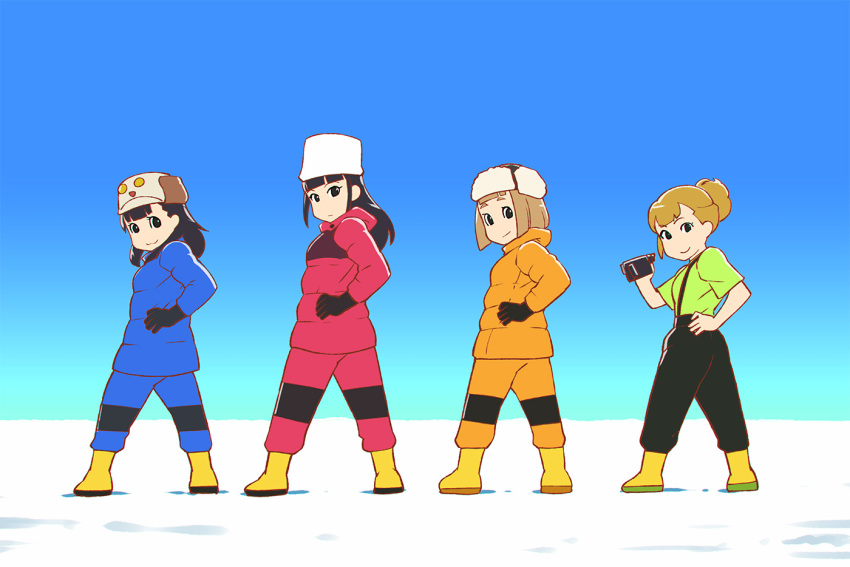 4girls black_hair blonde_hair boots commentary_request dancing gloves hair_bun hand_on_own_hip hat hisone_to_masotan kobuchizawa_shirase le_temps_de_la_rentree_(hisone_to_masotan) looking_back miyake_hinata multiple_girls outdoors parody shiraishi_yuzuki single_hair_bun snow sora_yori_mo_tooi_basho standing tamaki_mari ueyama_michirou video_camera winter_clothes