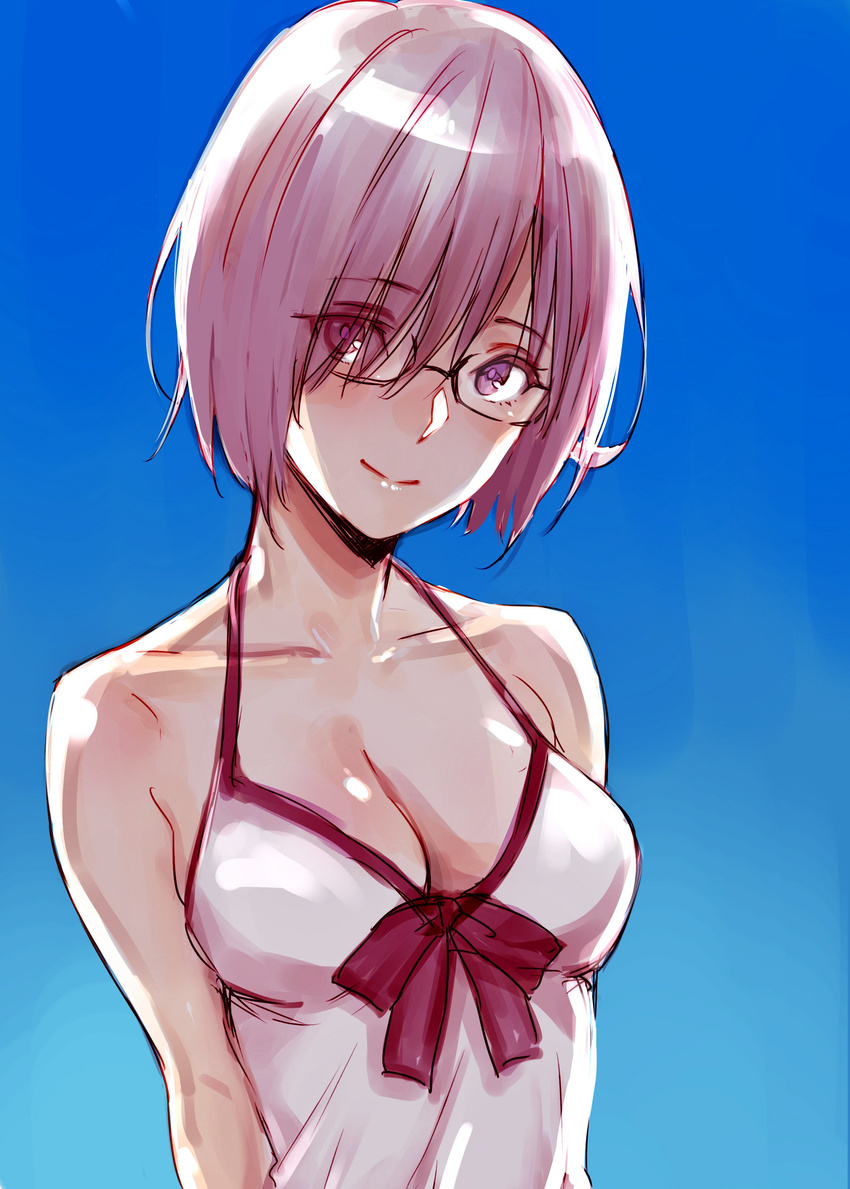 absurdres bare_shoulders blue_background breasts cleavage collarbone dress eyes_visible_through_hair fate/grand_order fate_(series) female glasses hair_over_one_eye highres looking_at_viewer mash_kyrielight mash_kyrielight_(swimsuit_of_perpetual_summer) medium_breasts napata official_alternate_costume pink_eyes pink_hair short_hair sleeveless sleeveless_dress smile solo upper_body white_dress