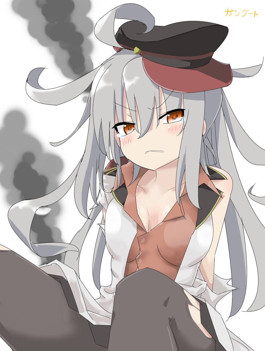 breasts commentary female flat_cap gangut_(kancolle) grey_hair hat highres jacket kantai_collection large_breasts long_hair looking_at_viewer military military_hat military_jacket military_uniform oktyabrskaya_revolyutsiya_(kancolle) orange_eyes pantyhose red_shirt shirt simple_background sinhiro-san smoke solo torn_clothes uniform white_background