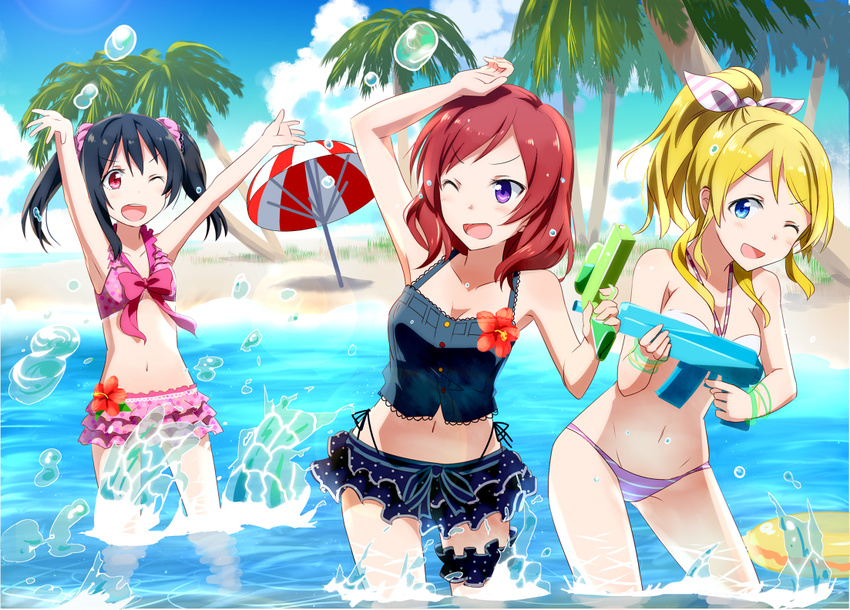 3girls armpits ayase_eli bad_id bad_twitter_id bibi_(love_live!) bikini black_hair blonde_hair blue_eyes flower gotyou hair_ribbon hibiscus innertube love_live! love_live!_school_idol_project midriff multiple_girls navel nishikino_maki one_eye_closed outdoors palm_tree ponytail purple_eyes red_eyes red_hair ribbon splashing swim_ring swimsuit tree twintails umbrella water_drop water_gun yazawa_nico