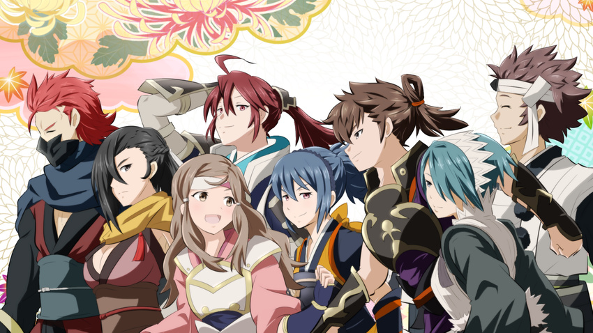 4boys 4girls azama_(fire_emblem) blue_hair breasts brown_hair cleavage closed_eyes commentary_request fire_emblem fire_emblem_fates flower hair_over_one_eye hana_(fire_emblem) headband highres hinata_(fire_emblem) kagero_(fire_emblem) large_breasts leaf long_hair mask multiple_boys multiple_girls oboro_(fire_emblem) open_mouth pink_eyes ponytail red_eyes red_hair saizo_(fire_emblem) scarf setsuna_(fire_emblem) subaki_(fire_emblem) toshi_(toshi10416)