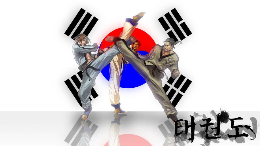 3boys angry baek_doo_san crossover fatal_fury fighting flag hwoarang kicking kim_kaphwan king_of_fighters korean_flag multiple_boys namco snk south_korean_flag taekwondo tekken