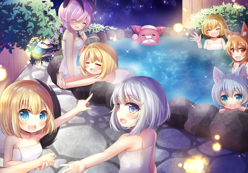 6+girls :d =_= ahoge animal_ears bad_id bad_pixiv_id blonde_hair blue_eyes blush breasts brown_eyes brown_hair bush character_request charlotte_(shironeko_project) closed_eyes commentary_request curled_horns fence fingernails fox_ears green_eyes hair_between_eyes highres horns hoshi_tanuki_(shironeko_project) korin_(shironeko_project) koyomi_(shironeko_project) long_hair looking_at_viewer marl_(shironeko_project) medium_breasts multiple_girls naked_towel night night_sky oerba_yun_fang onsen open_mouth oscurol_(shironeko_project) out_of_frame outdoors outstretched_arm outstretched_arms partially_submerged pointing pointy_ears purple_hair rock same-sex_bathing shared_bathing shironeko_project short_hair sitting sky small_breasts smile soaking_feet soara_(shironeko_project) star_(sky) star_(symbol) starry_sky teeth towel tree upper_teeth_only v-shaped_eyebrows water white_hair yukiyuki_441