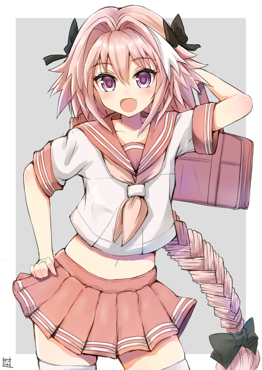 1boy :d arm_behind_head arm_up astolfo_(fate) astolfo_(sailor_paladin)_(fate) bag bow braid commentary_request contrapposto cowboy_shot crop_top fate/apocrypha fate/grand_order fate_(series) hair_intakes hairbow hand_on_own_hip highres holding holding_bag long_hair looking_at_viewer male_focus midriff multicolored_hair navel nayuhi_(yukimuu14) neckerchief oerba_yun_fang official_alternate_costume open_mouth otoko_no_ko pink_hair pink_neckerchief pink_skirt pleated_skirt purple_eyes red_sailor_collar red_skirt sailor_collar school_bag school_uniform serafuku short_sleeves single_braid skirt smile solo standing thighhighs two-tone_background two-tone_hair very_long_hair white_thighhighs