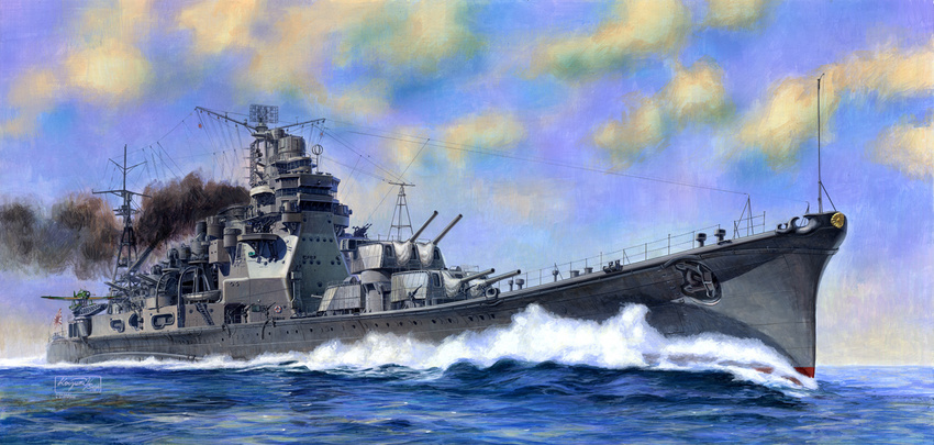 anchor cannon commentary_request cruiser imperial_japanese_navy japanese_flag kikumon koizumi_kazuaki_production military military_vehicle no_humans ocean original seaplane ship takao_(cruiser) turret warship watercraft