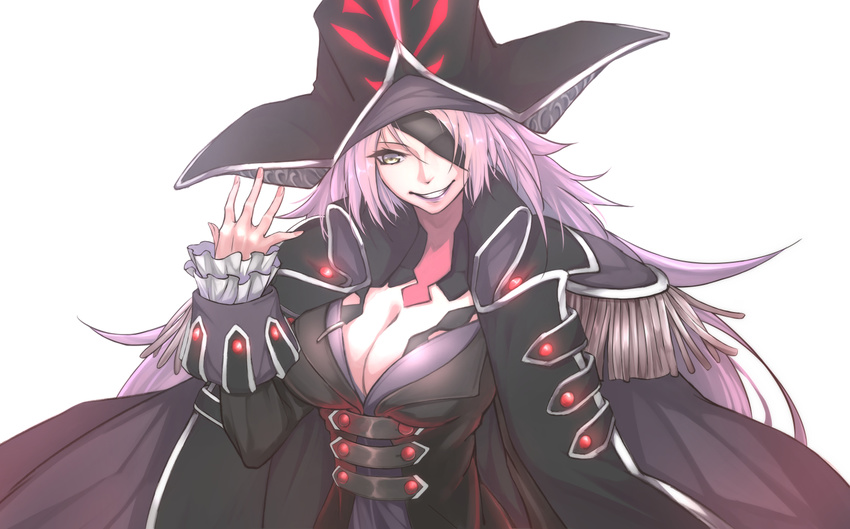 breasts commentary_request dahut_(fate) eyepatch fate/grand_order fate_(series) female francis_drake_(fate) hat large_breasts light_purple_hair lipstick long_hair looking_at_viewer makeup narumi_muran pirate pirate_hat purple_lips scar smile solo upper_body yellow_eyes